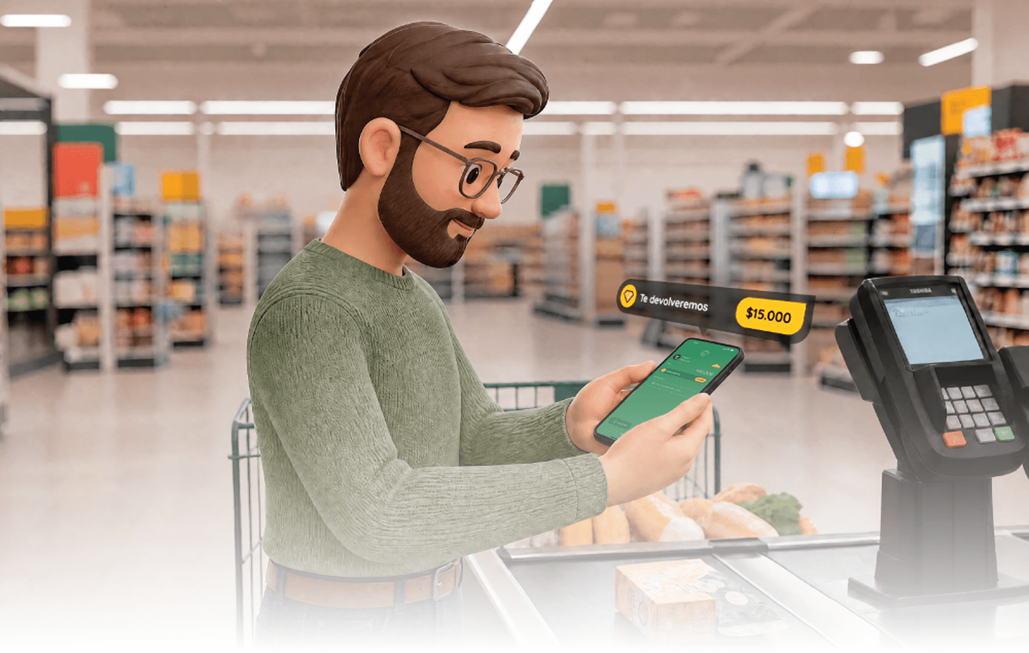 Hombre pagando en el supermercado y obteniendo beneficios