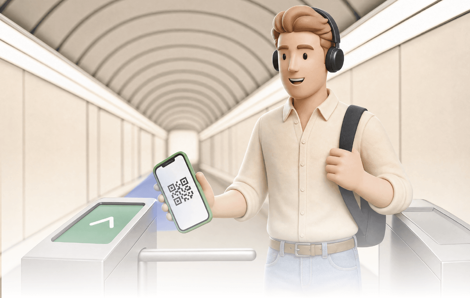 Hombre pagando el transporte con QR